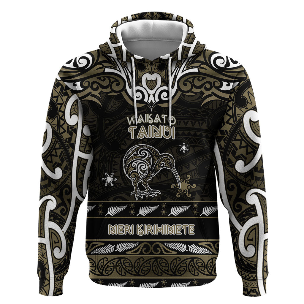 Personalised Waikato Tainui Aotearoa Meri Kirihimete Hoodie Maori Kiwi Bird Silver Fern Koru Pattern DT05 Pullover Hoodie Gold - Polynesian Pride