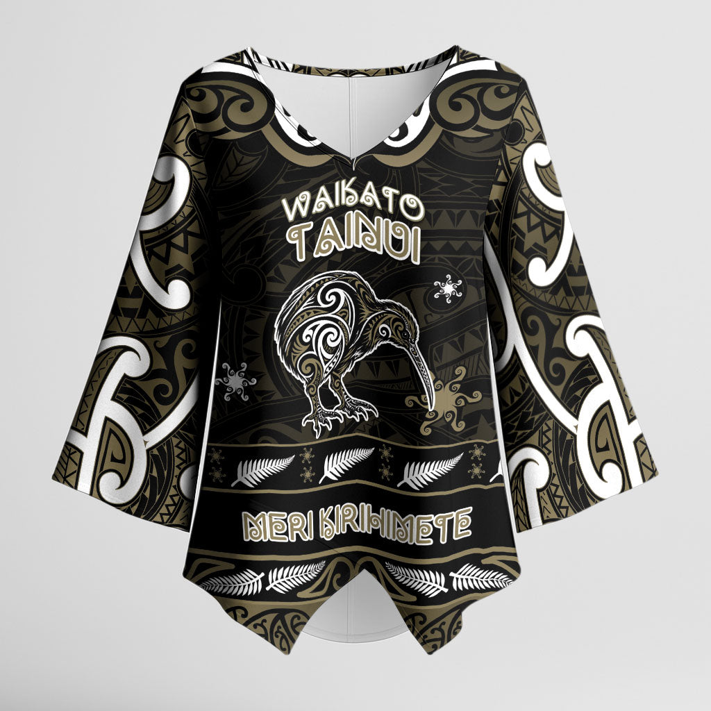 Personalised Waikato Tainui Aotearoa Meri Kirihimete Kimono Sleeve Blouse Maori Kiwi Bird Silver Fern Koru Pattern DT05 Female Gold - Polynesian Pride