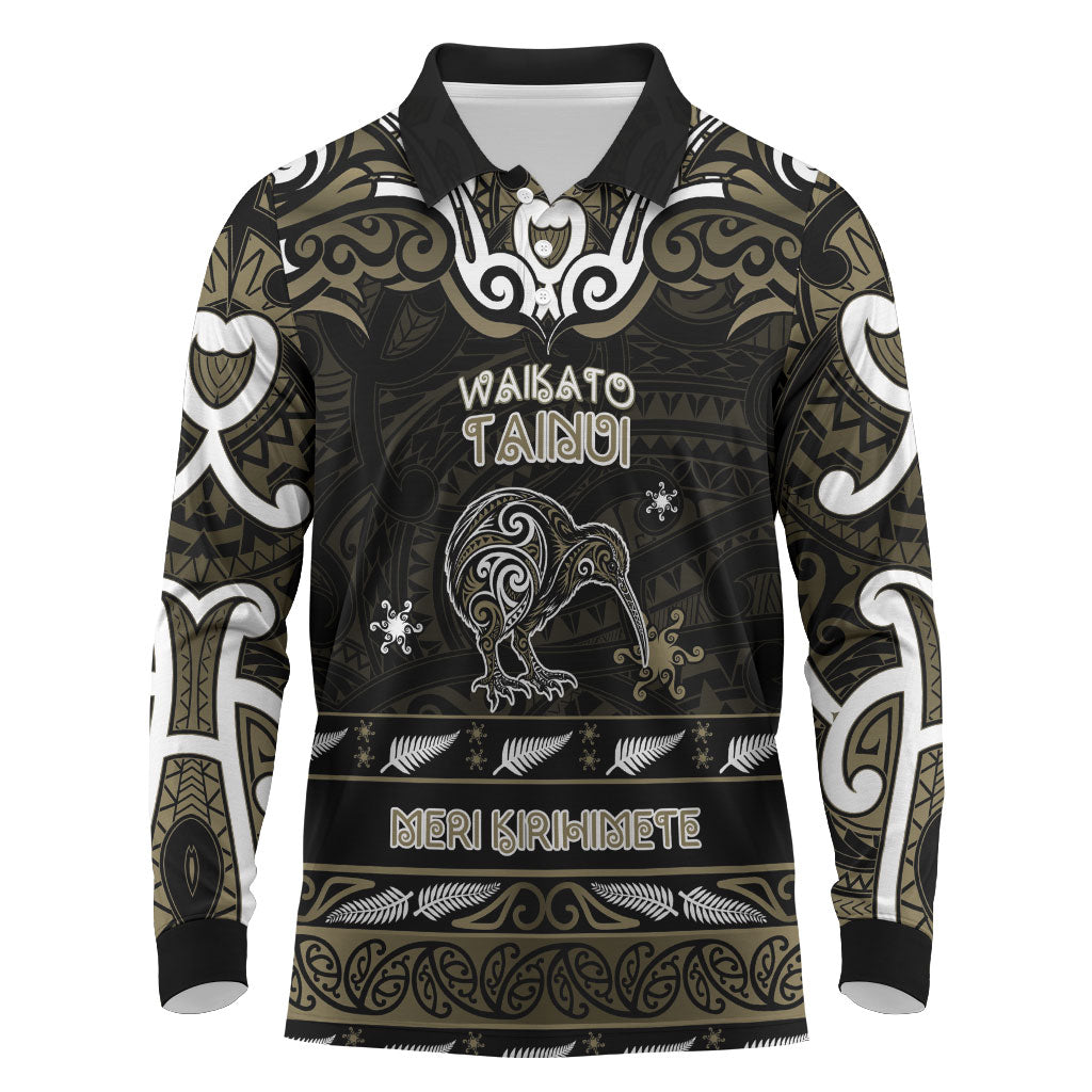 Personalised Waikato Tainui Aotearoa Meri Kirihimete Long Sleeve Polo Shirt Maori Kiwi Bird Silver Fern Koru Pattern DT05 Gold - Polynesian Pride