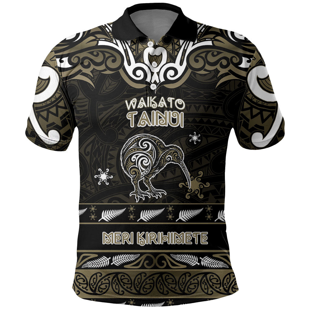 Personalised Waikato Tainui Aotearoa Meri Kirihimete Polo Shirt Maori Kiwi Bird Silver Fern Koru Pattern DT05 Gold - Polynesian Pride