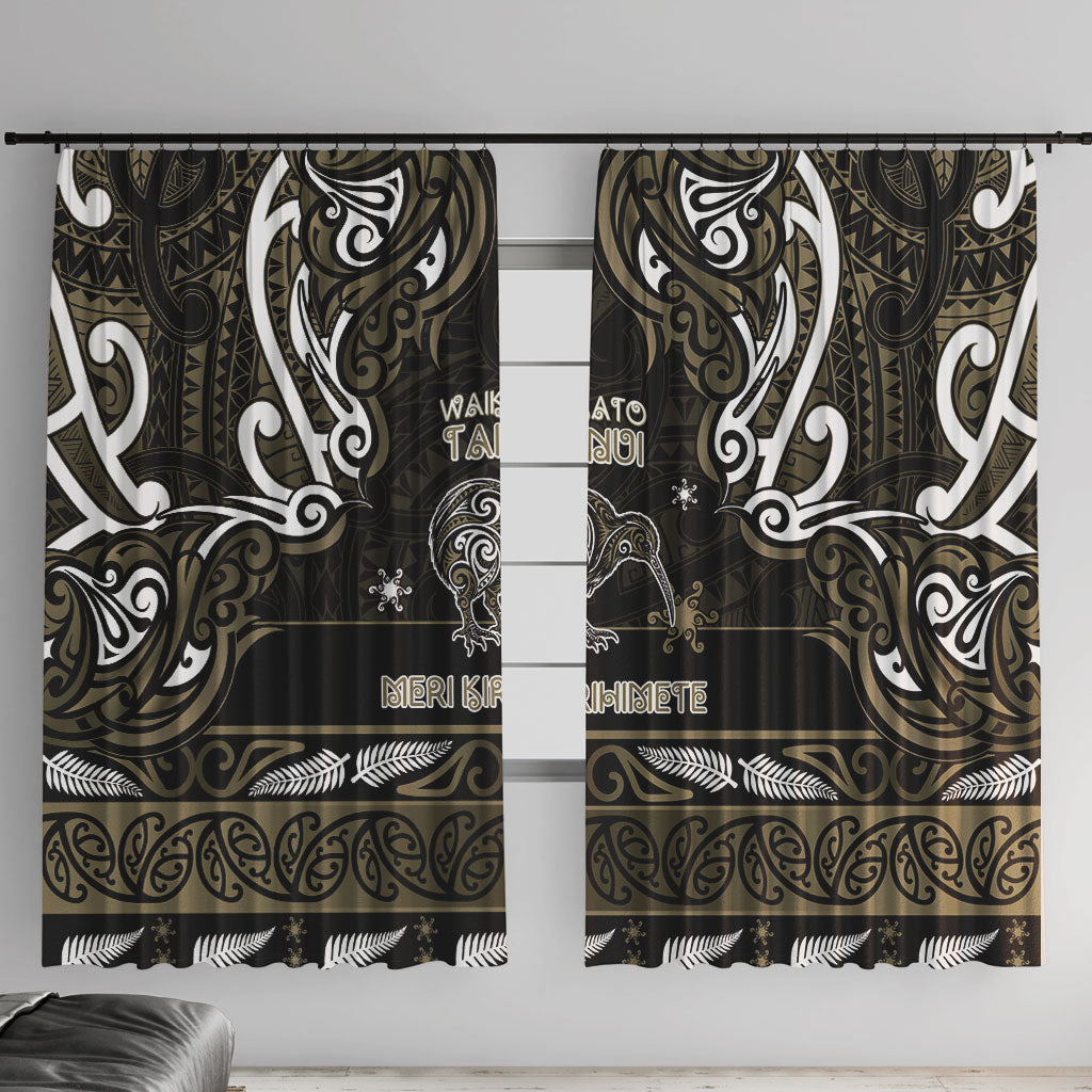 Waikato Tainui Aotearoa Meri Kirihimete Window Curtain Maori Kiwi Bird Silver Fern Koru Pattern DT05 With Hooks Gold - Polynesian Pride