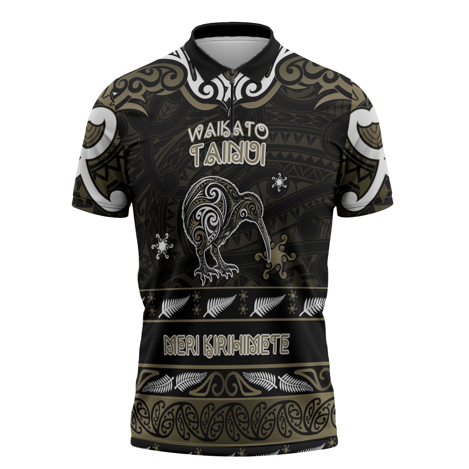 Personalised Waikato Tainui Aotearoa Meri Kirihimete Zipper Polo Shirt Maori Kiwi Bird Silver Fern Koru Pattern DT05 Gold - Polynesian Pride