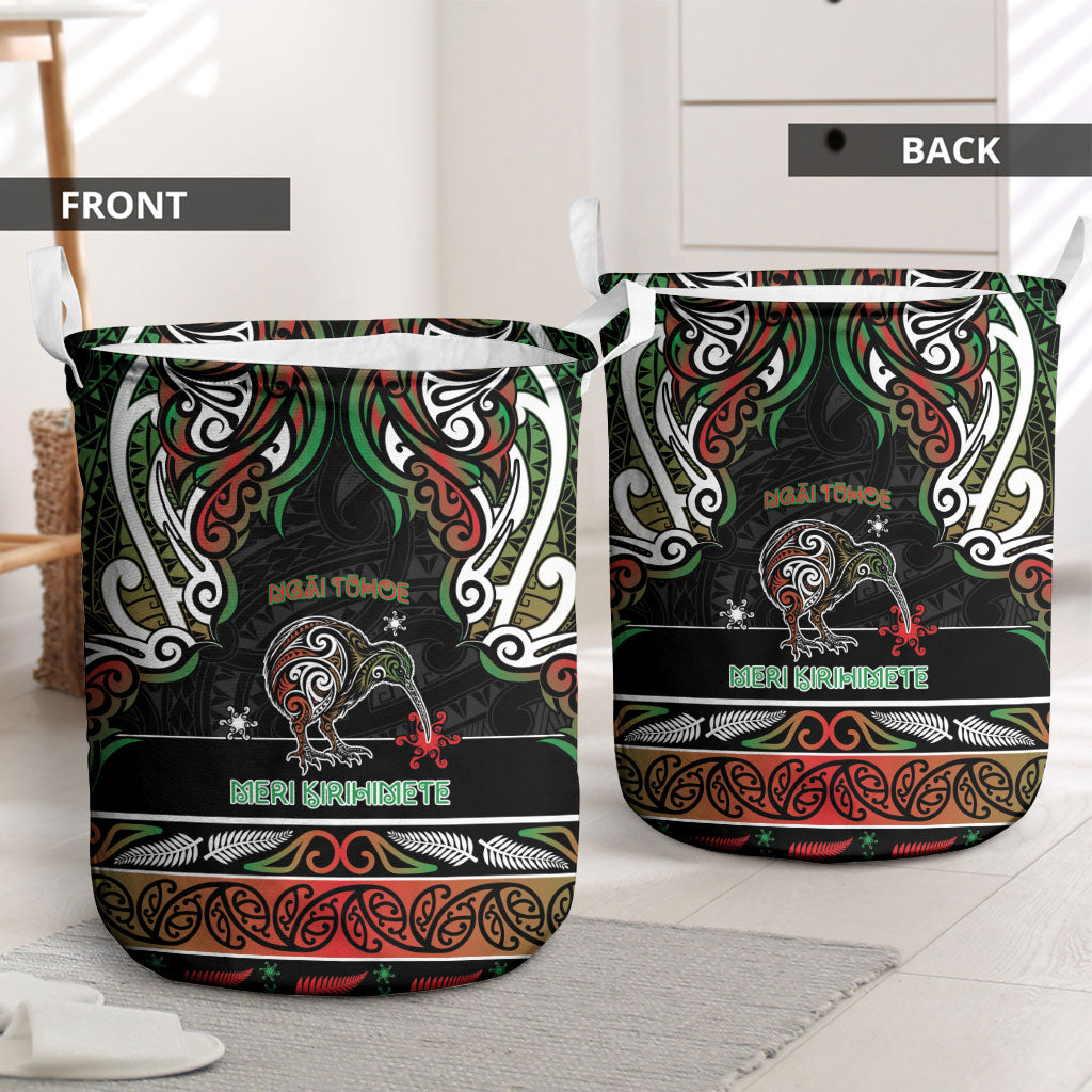 Ngai Tuhoe Aotearoa Meri Kirihimete Laundry Basket Maori Kiwi Bird Silver Fern Koru Pattern DT05 - Polynesian Pride