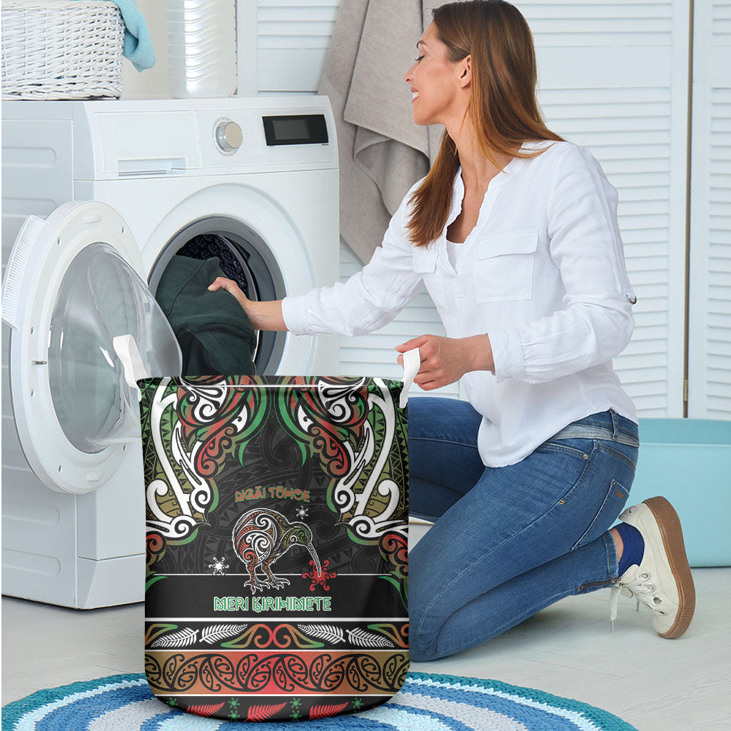 Ngai Tuhoe Aotearoa Meri Kirihimete Laundry Basket Maori Kiwi Bird Silver Fern Koru Pattern DT05 - Polynesian Pride