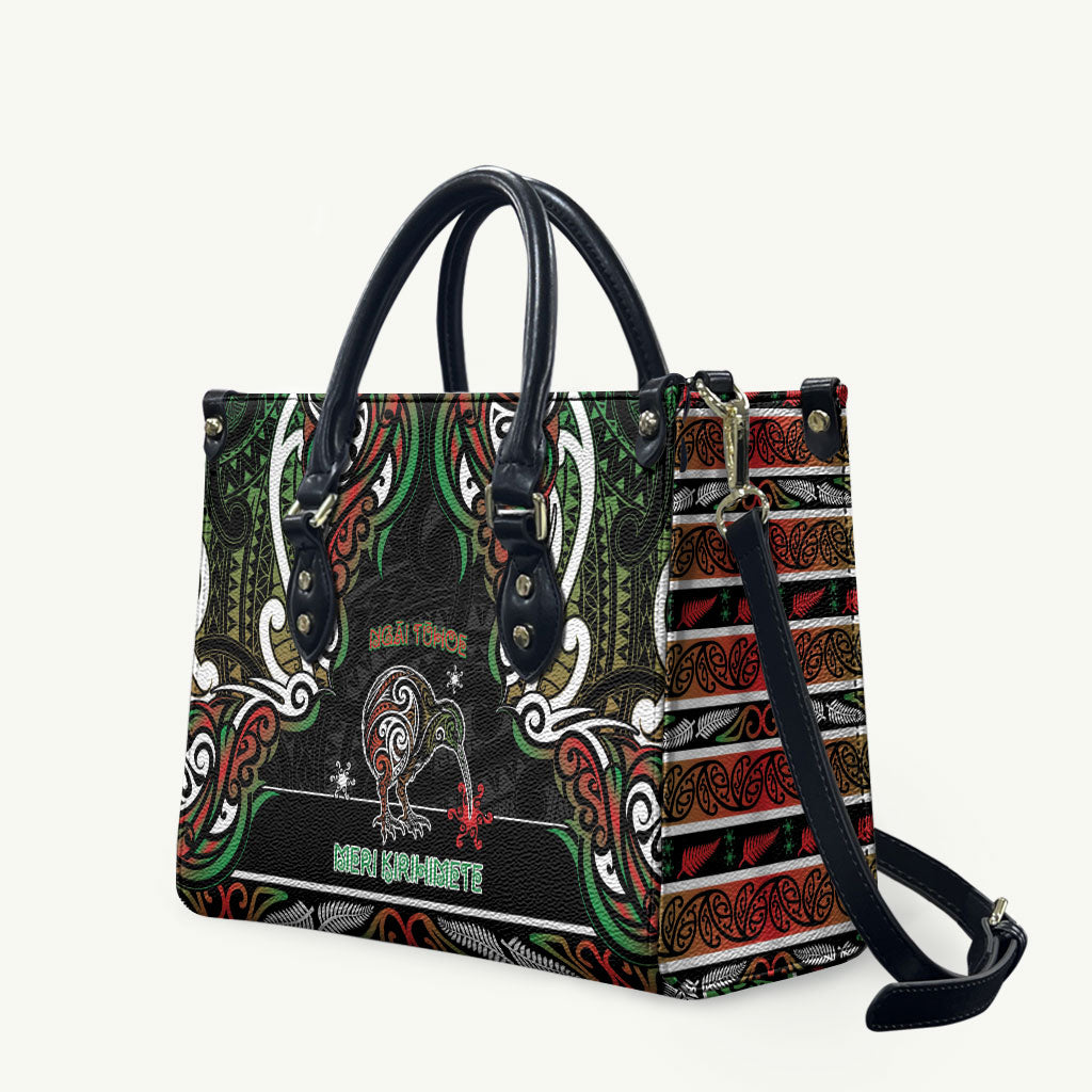 Ngai Tuhoe Aotearoa Meri Kirihimete Leather Bag Maori Kiwi Bird Silver Fern Koru Pattern DT05 Multicolor - Polynesian Pride