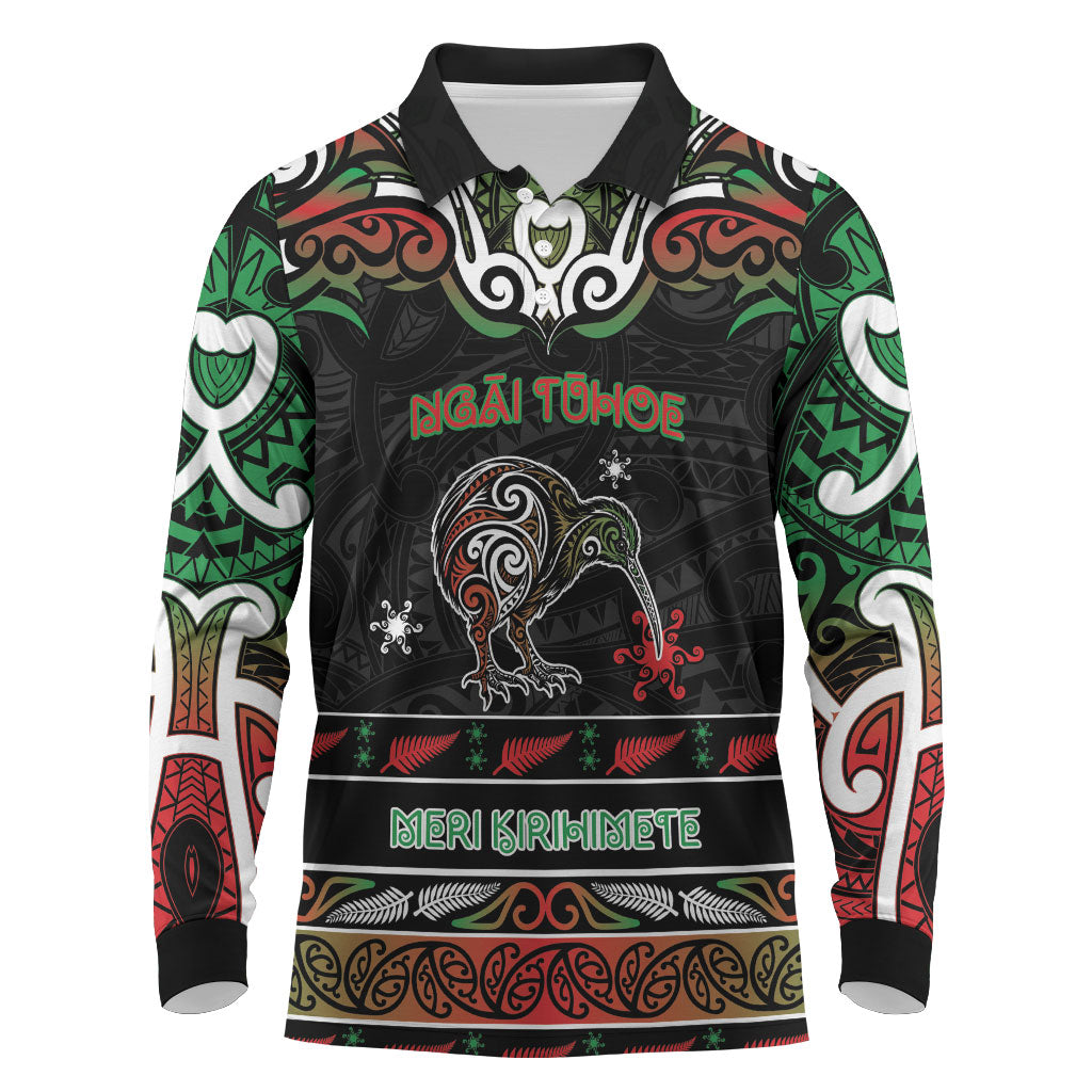 Personalised Ngai Tuhoe Aotearoa Meri Kirihimete Long Sleeve Polo Shirt Maori Kiwi Bird Silver Fern Koru Pattern DT05 Multicolor - Polynesian Pride
