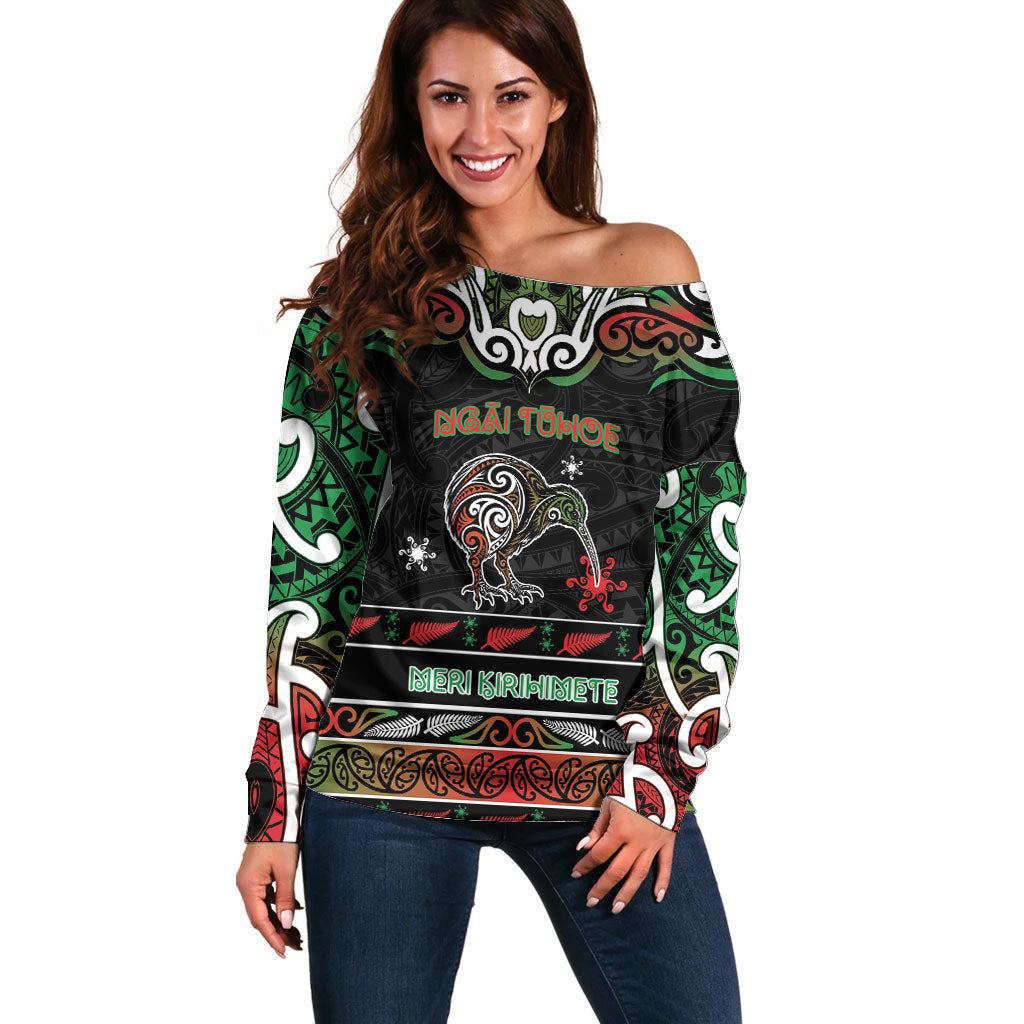 Personalised Ngai Tuhoe Aotearoa Meri Kirihimete Off Shoulder Sweater Maori Kiwi Bird Silver Fern Koru Pattern DT05 Women Multicolor - Polynesian Pride