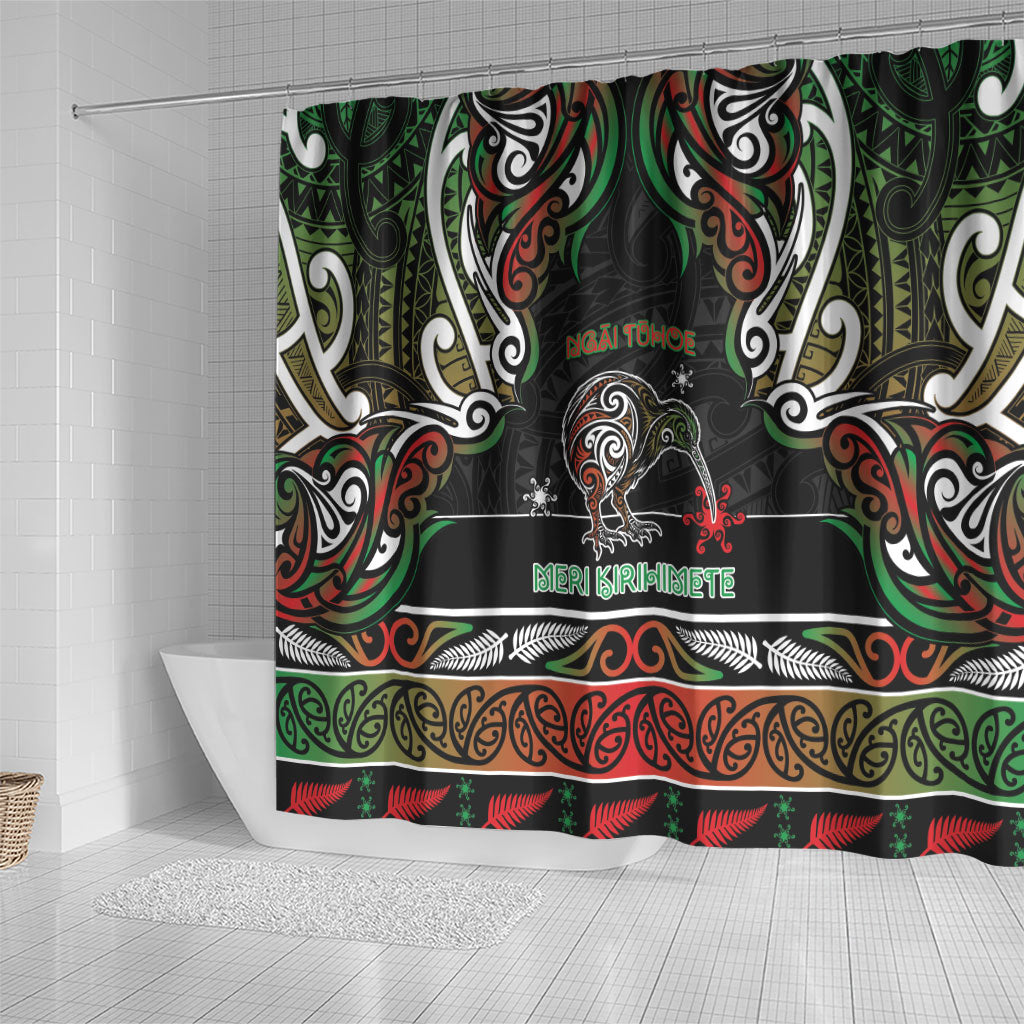 Ngai Tuhoe Aotearoa Meri Kirihimete Shower Curtain Maori Kiwi Bird Silver Fern Koru Pattern DT05 - Polynesian Pride