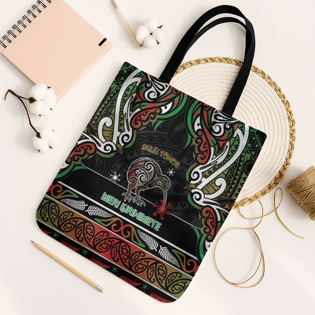 Ngai Tuhoe Aotearoa Meri Kirihimete Tote Bag Maori Kiwi Bird Silver Fern Koru Pattern DT05 Black Strap One Size Multicolor - Polynesian Pride