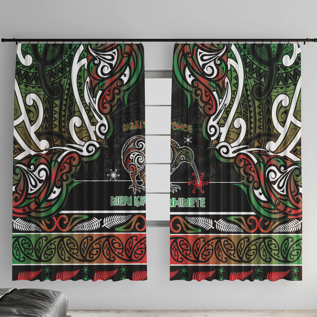 Ngai Tuhoe Aotearoa Meri Kirihimete Window Curtain Maori Kiwi Bird Silver Fern Koru Pattern DT05 With Hooks Multicolor - Polynesian Pride