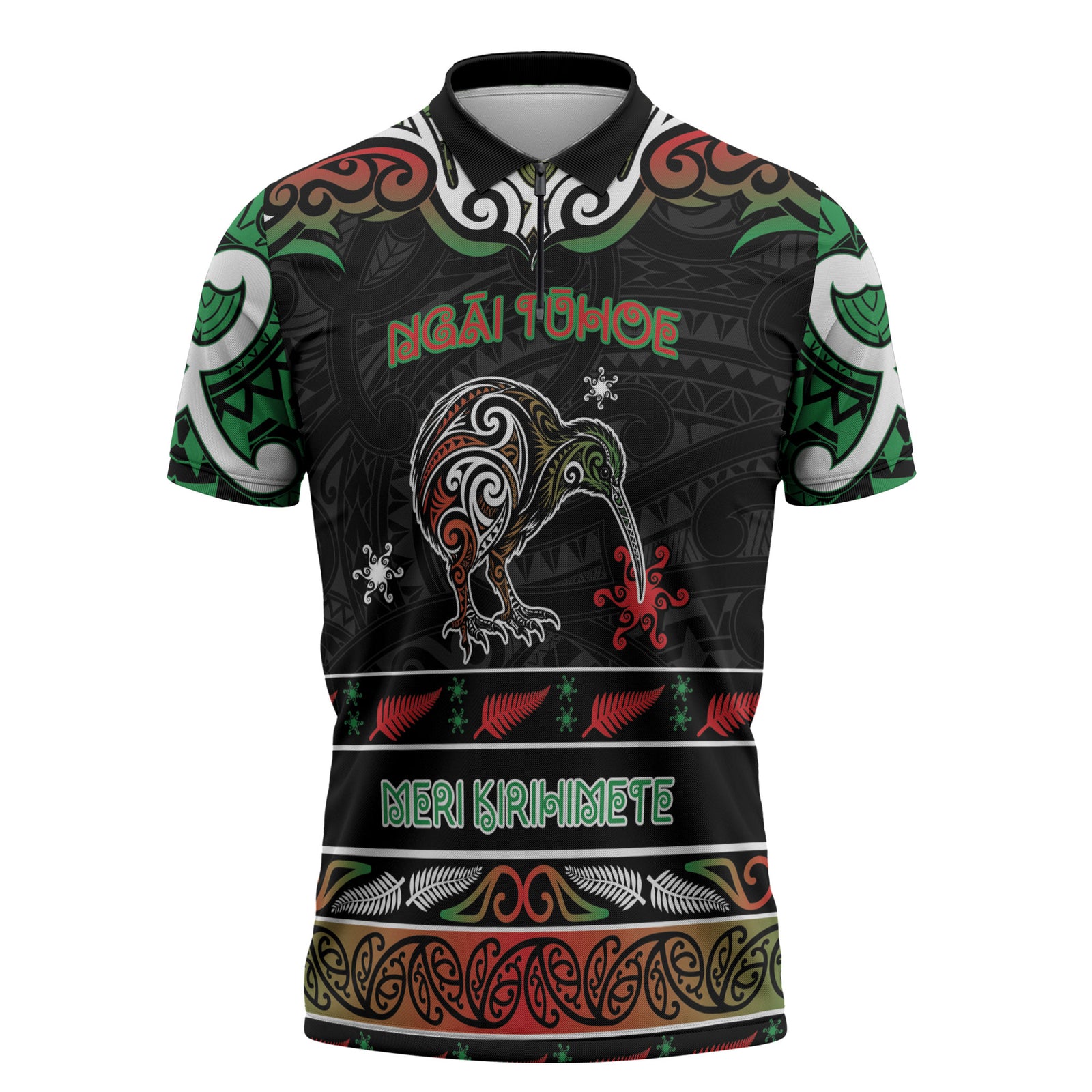 Personalised Ngai Tuhoe Aotearoa Meri Kirihimete Zipper Polo Shirt Maori Kiwi Bird Silver Fern Koru Pattern DT05 Multicolor - Polynesian Pride