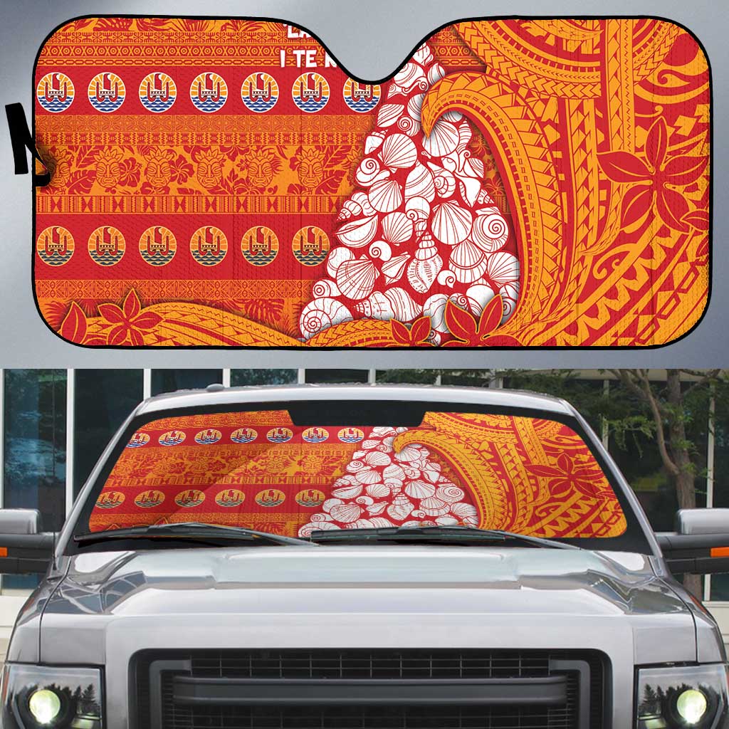 French Polynesia Christmas Auto Sun Shade Seashell Xmas Tree Tribal Waves DT05 Orange - Polynesian Pride