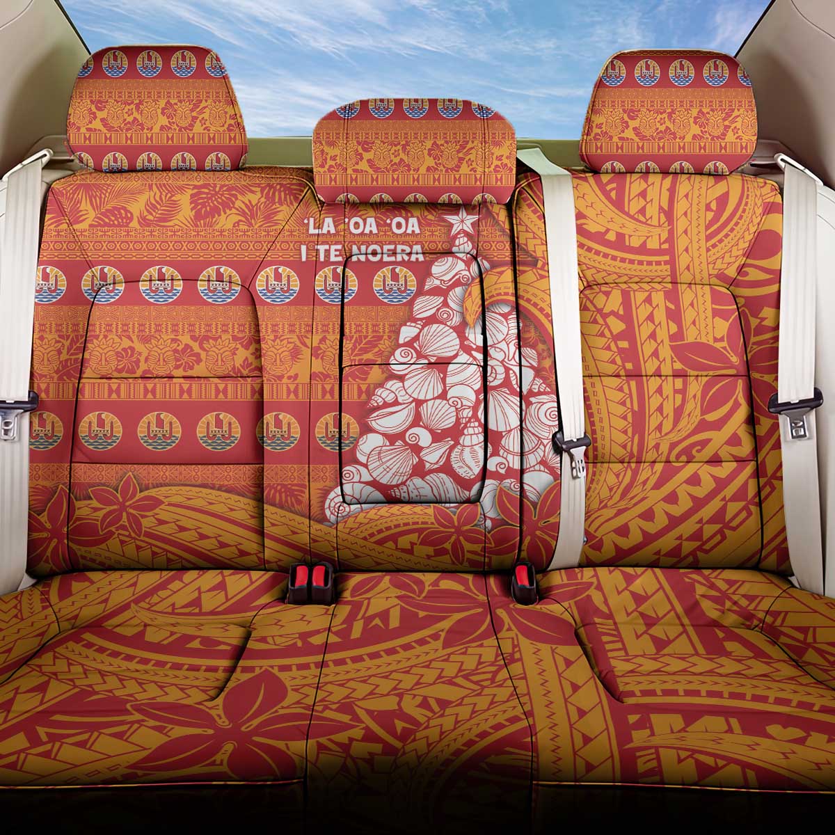 French Polynesia Christmas Back Car Seat Cover Seashell Xmas Tree Tribal Waves DT05 One Size Orange - Polynesian Pride