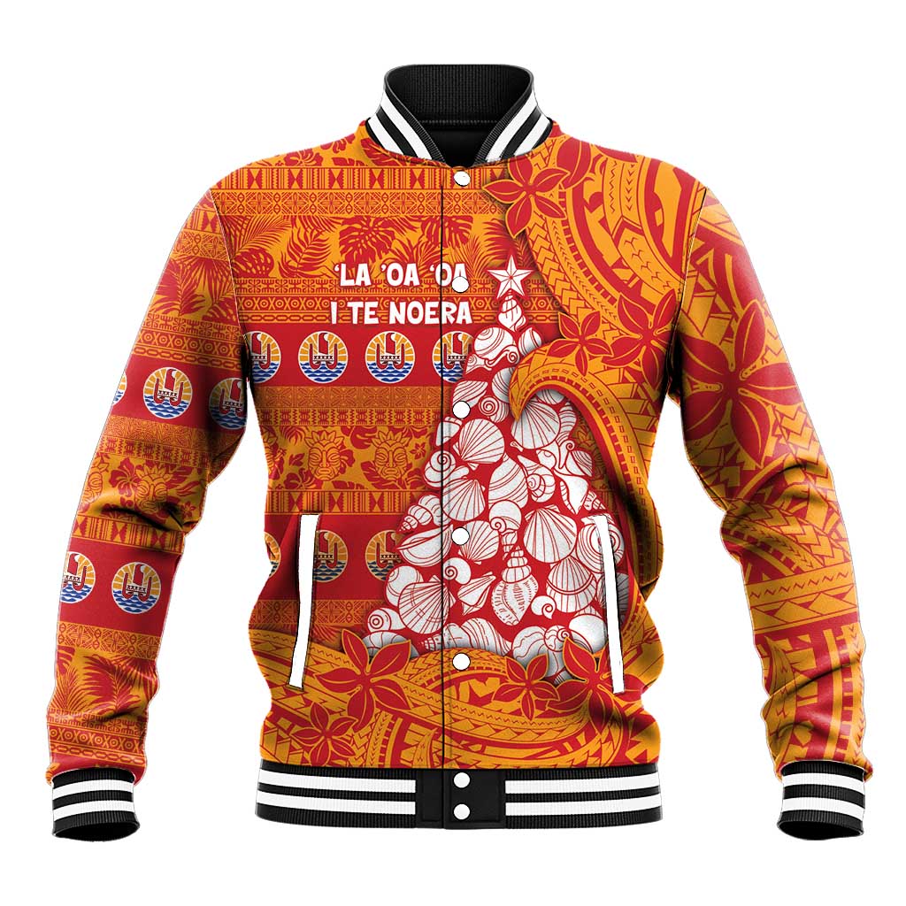 French Polynesia Christmas Baseball Jacket Seashell Xmas Tree Tribal Waves DT05 Unisex Orange - Polynesian Pride