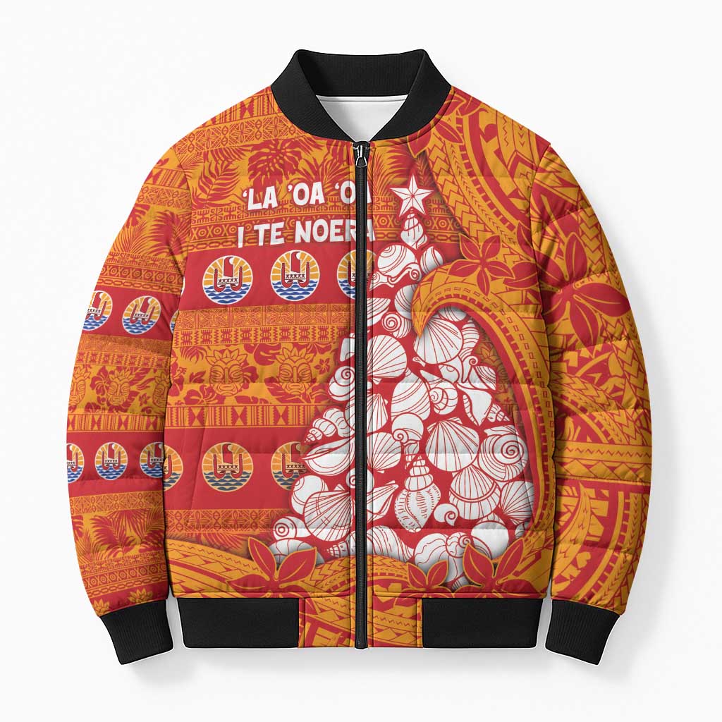 French Polynesia Christmas Bomber Puffer Jacket Seashell Xmas Tree Tribal Waves DT05 Unisex Orange - Polynesian Pride