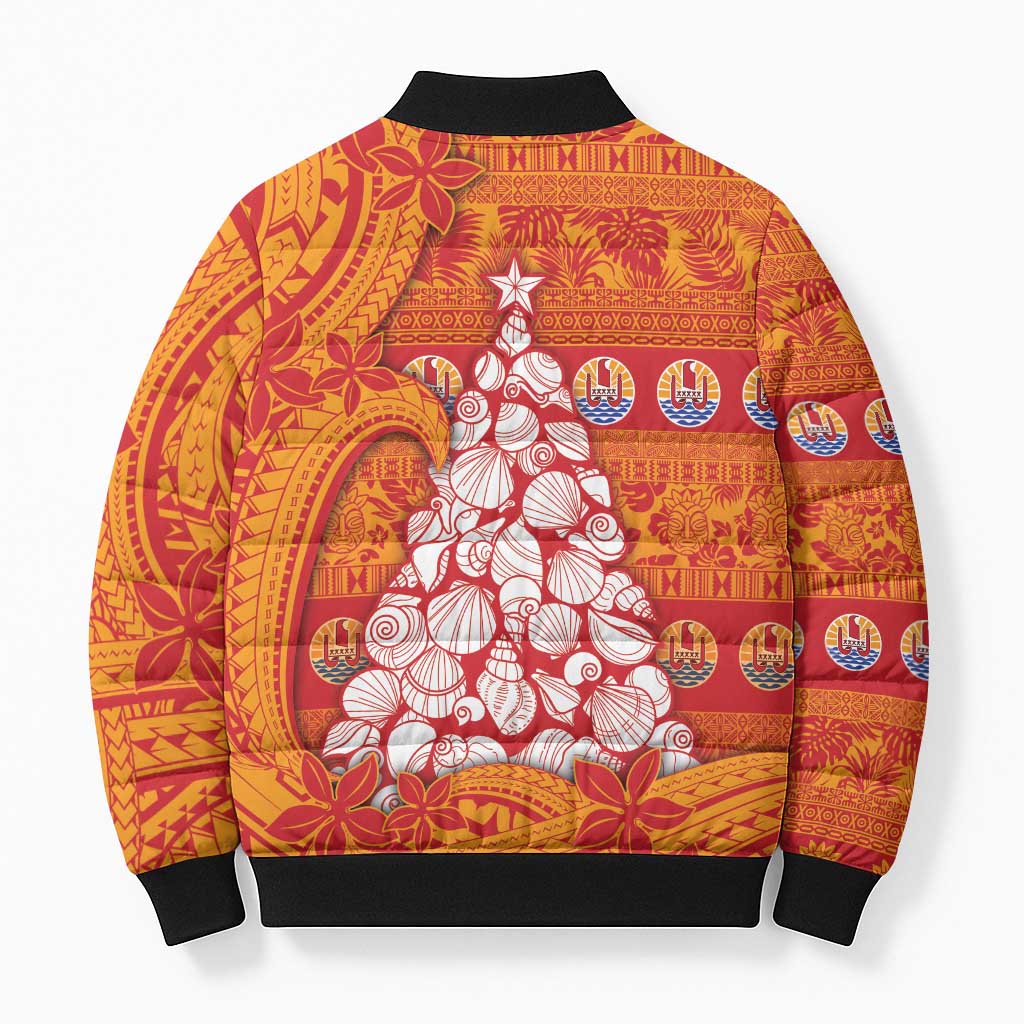 French Polynesia Christmas Bomber Puffer Jacket Seashell Xmas Tree Tribal Waves DT05 - Polynesian Pride