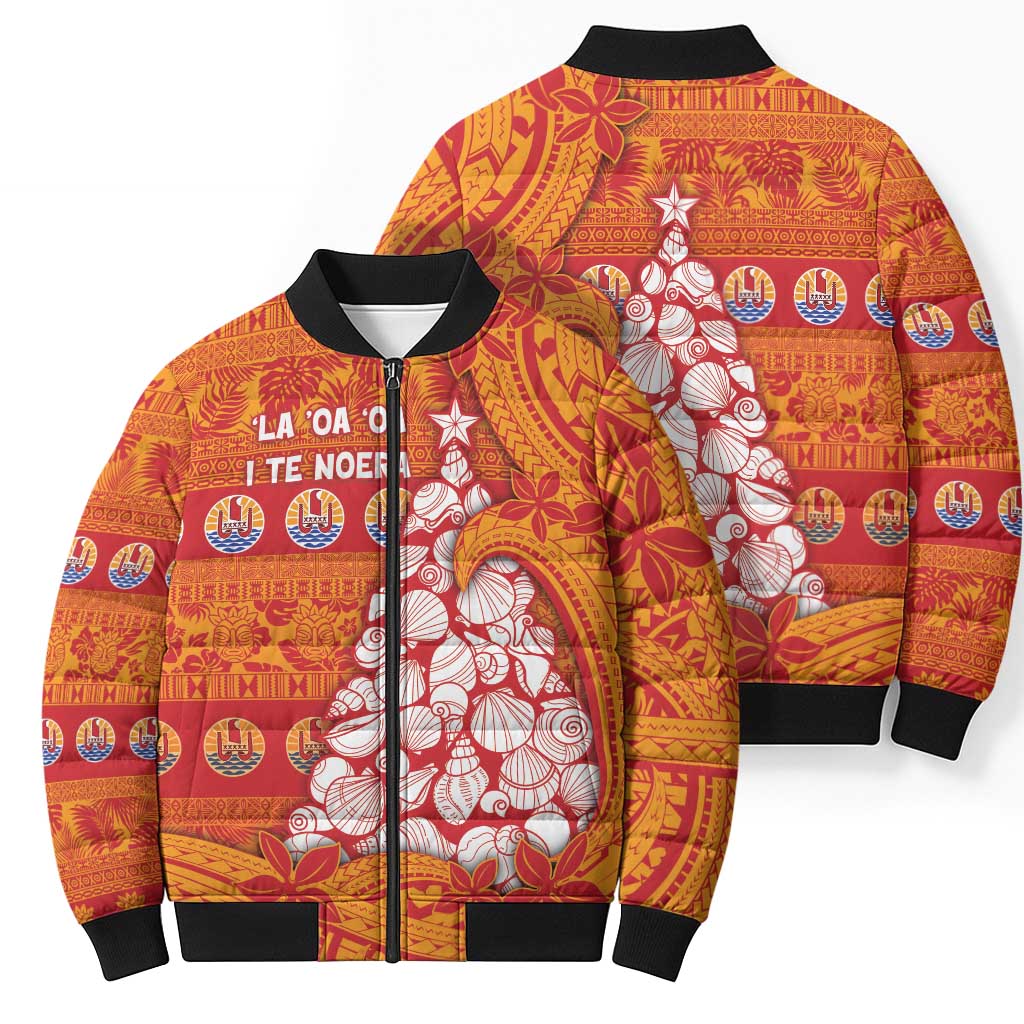 French Polynesia Christmas Bomber Puffer Jacket Seashell Xmas Tree Tribal Waves DT05 - Polynesian Pride