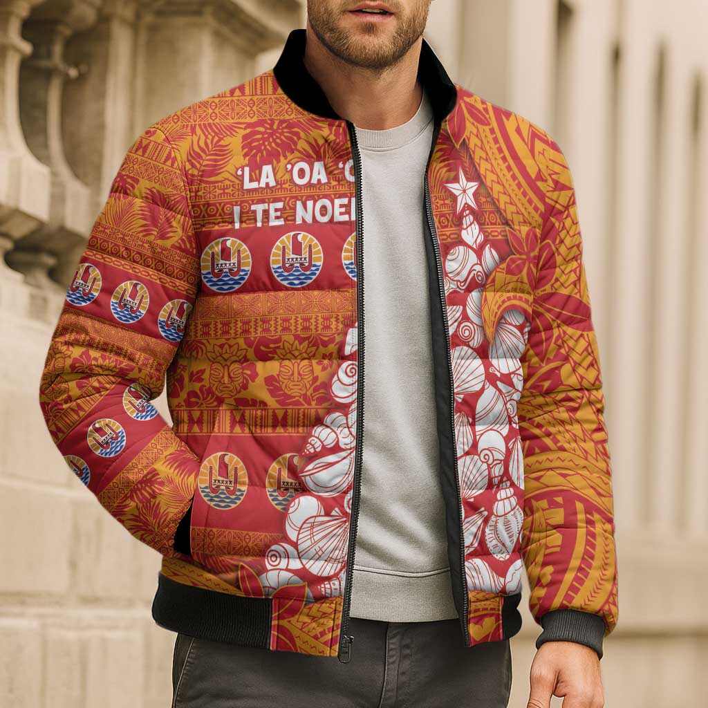 French Polynesia Christmas Bomber Puffer Jacket Seashell Xmas Tree Tribal Waves DT05 - Polynesian Pride