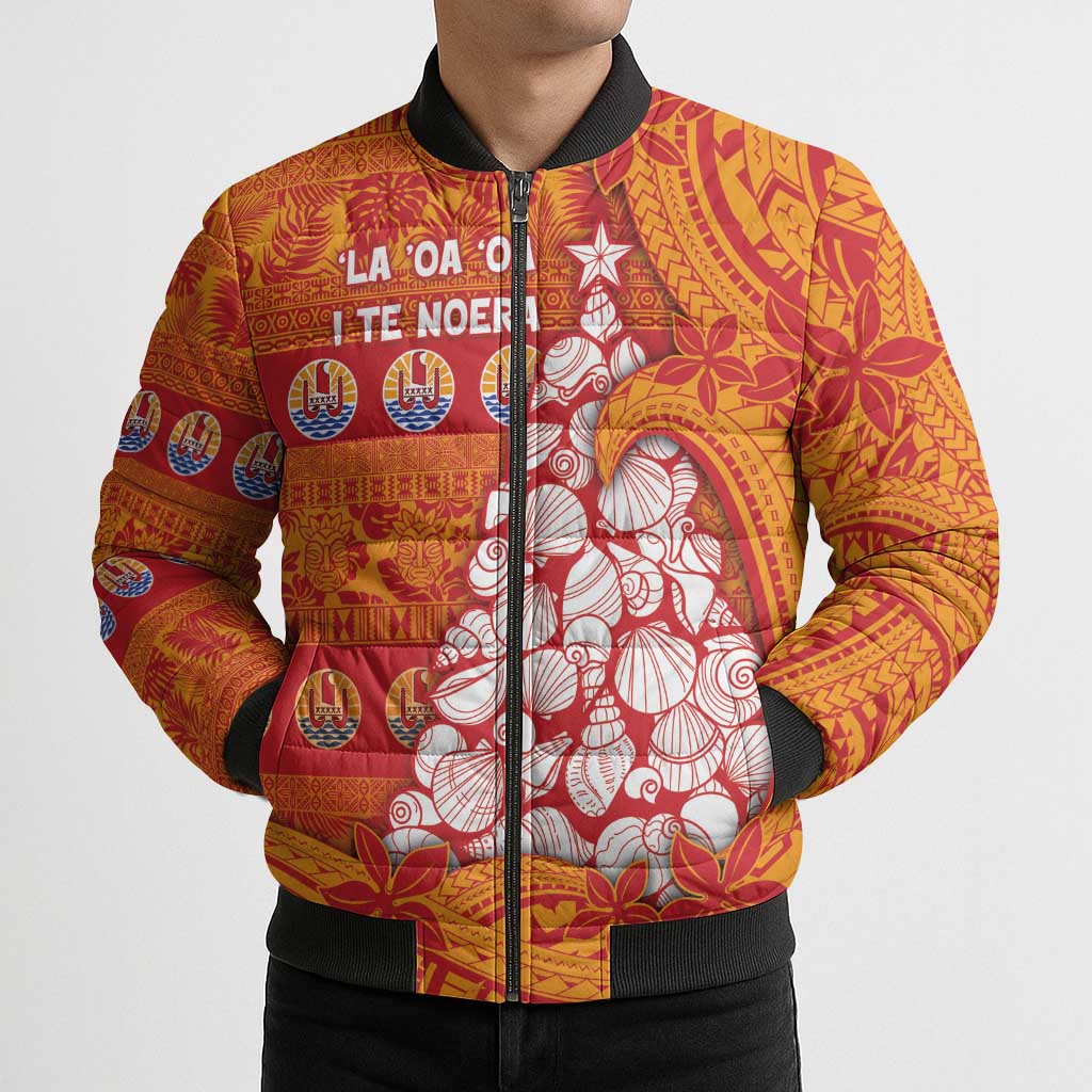 French Polynesia Christmas Bomber Puffer Jacket Seashell Xmas Tree Tribal Waves DT05 - Polynesian Pride