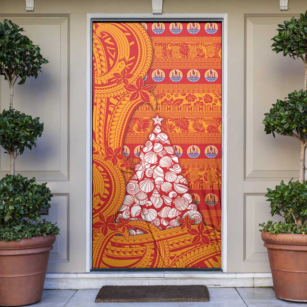 French Polynesia Christmas Door Cover Seashell Xmas Tree Tribal Waves DT05 Orange - Polynesian Pride