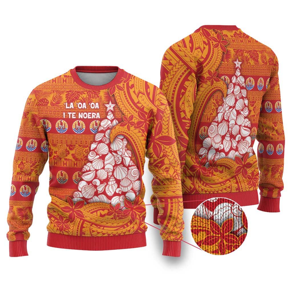 French Polynesia Christmas Ugly Christmas Sweater Seashell Xmas Tree Tribal Waves DT05 Orange - Polynesian Pride