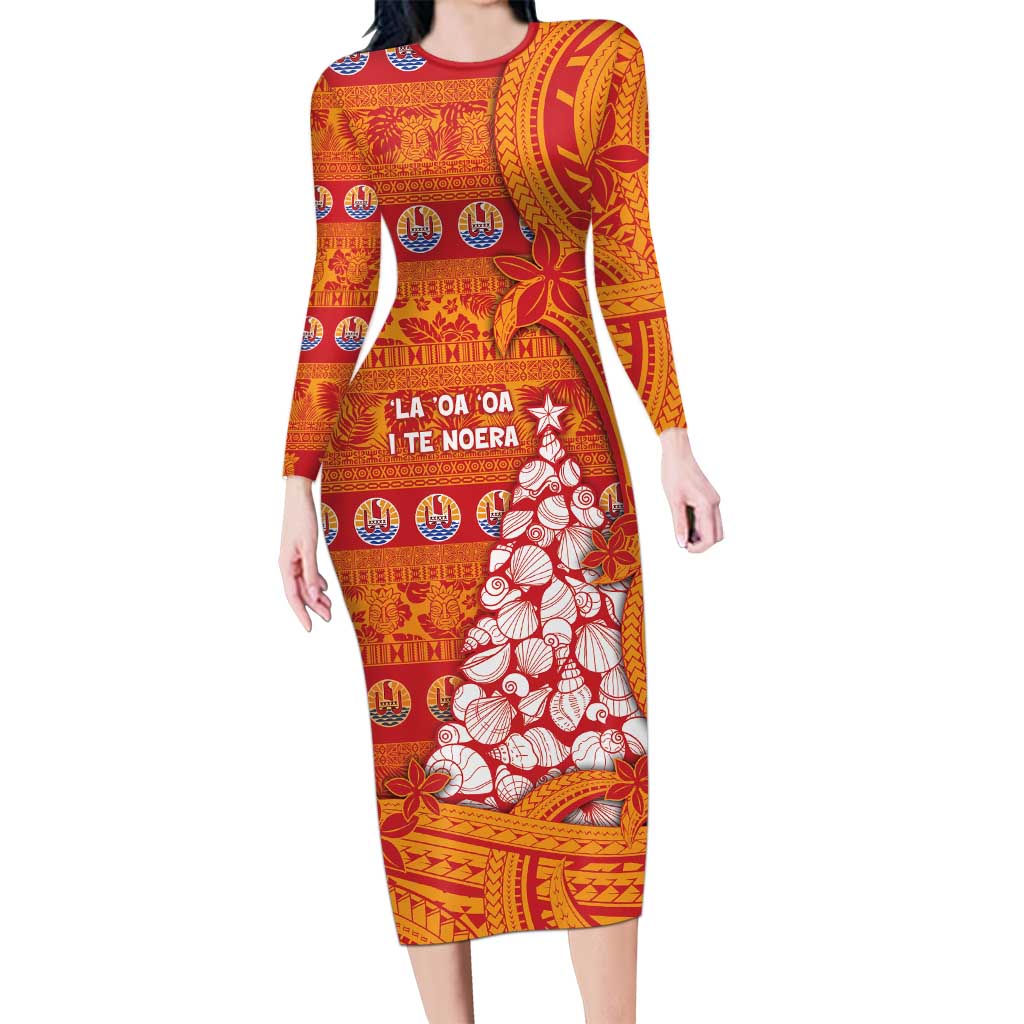 French Polynesia Christmas Long Sleeve Bodycon Dress Seashell Xmas Tree Tribal Waves DT05 Long Dress Orange - Polynesian Pride