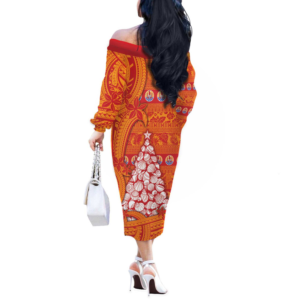 French Polynesia Christmas Off The Shoulder Long Sleeve Dress Seashell Xmas Tree Tribal Waves DT05 - Polynesian Pride