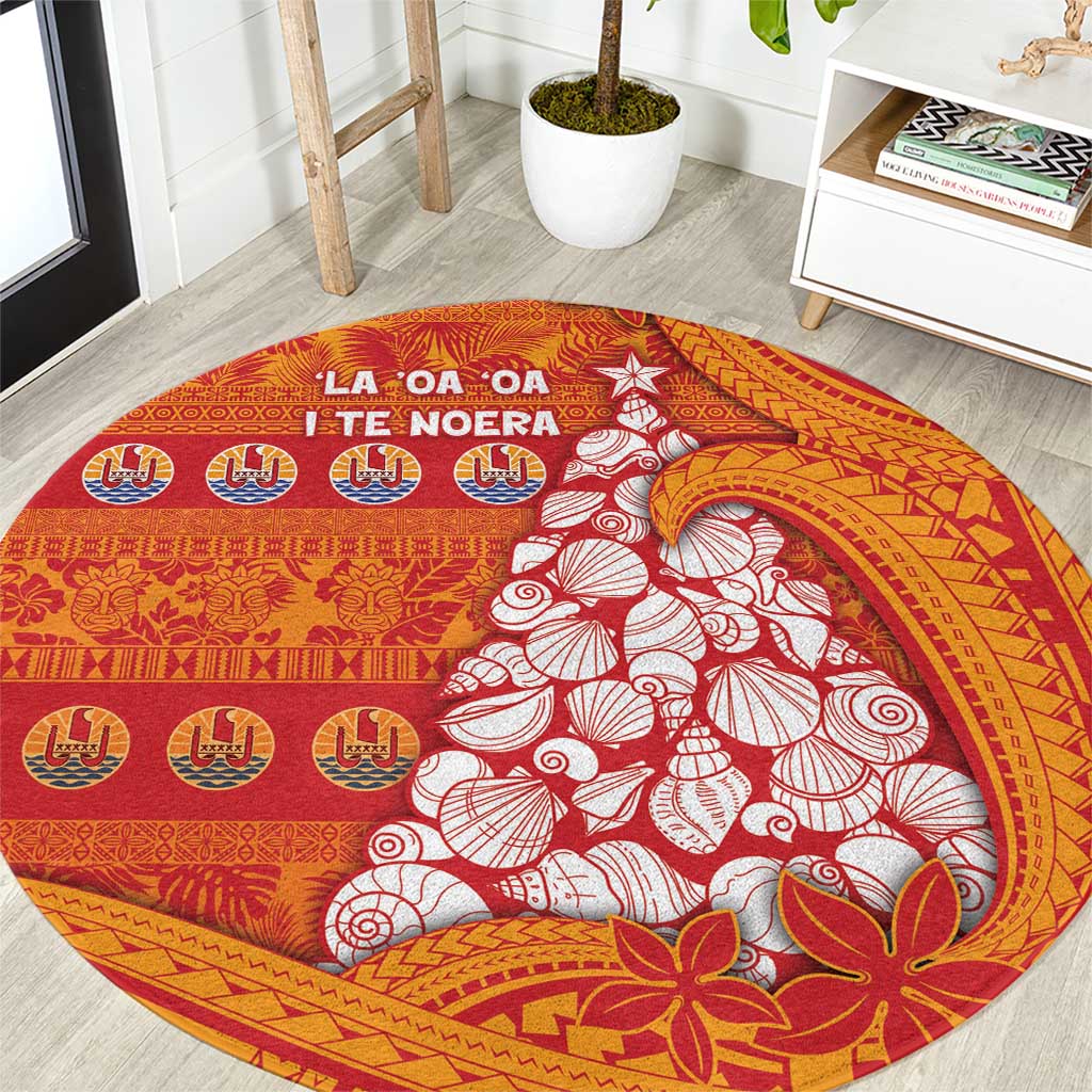 French Polynesia Christmas Round Carpet Seashell Xmas Tree Tribal Waves DT05 Orange - Polynesian Pride