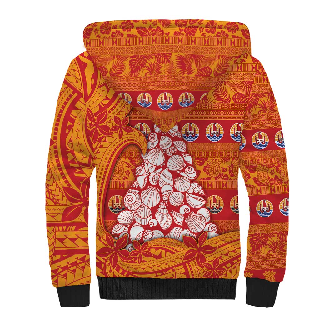 French Polynesia Christmas Sherpa Hoodie Seashell Xmas Tree Tribal Waves DT05 - Polynesian Pride