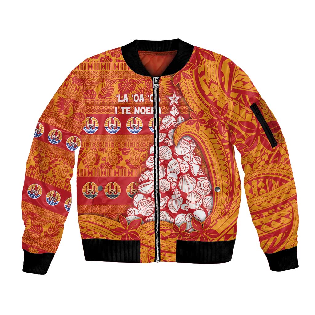 French Polynesia Christmas Sleeve Zip Bomber Jacket Seashell Xmas Tree Tribal Waves DT05 Unisex Orange - Polynesian Pride