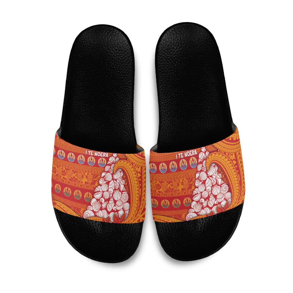 French Polynesia Christmas Slide Sandals Seashell Xmas Tree Tribal Waves DT05 Orange - Polynesian Pride