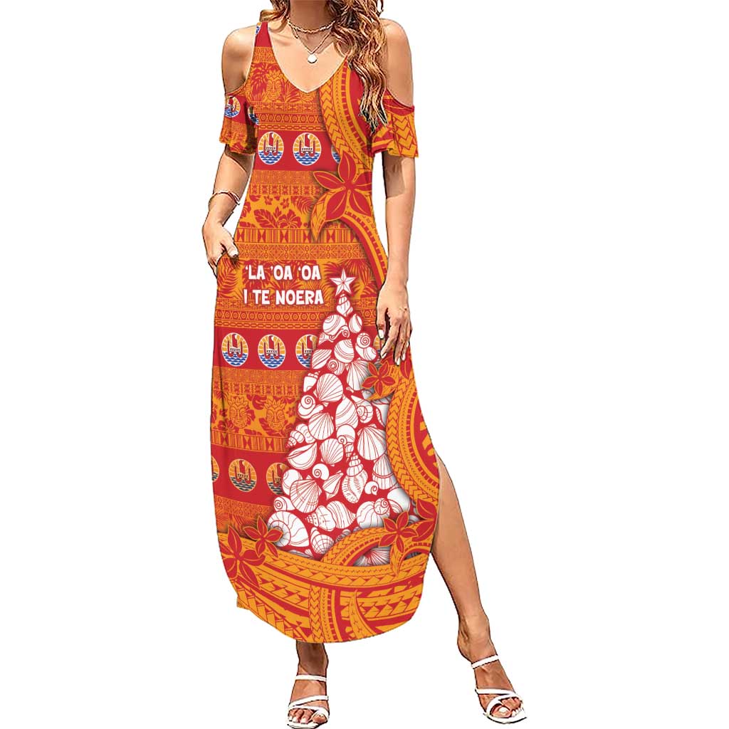 French Polynesia Christmas Summer Maxi Dress Seashell Xmas Tree Tribal Waves DT05 Women Orange - Polynesian Pride