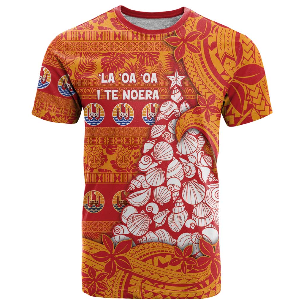 French Polynesia Christmas T Shirt Seashell Xmas Tree Tribal Waves DT05 Orange - Polynesian Pride