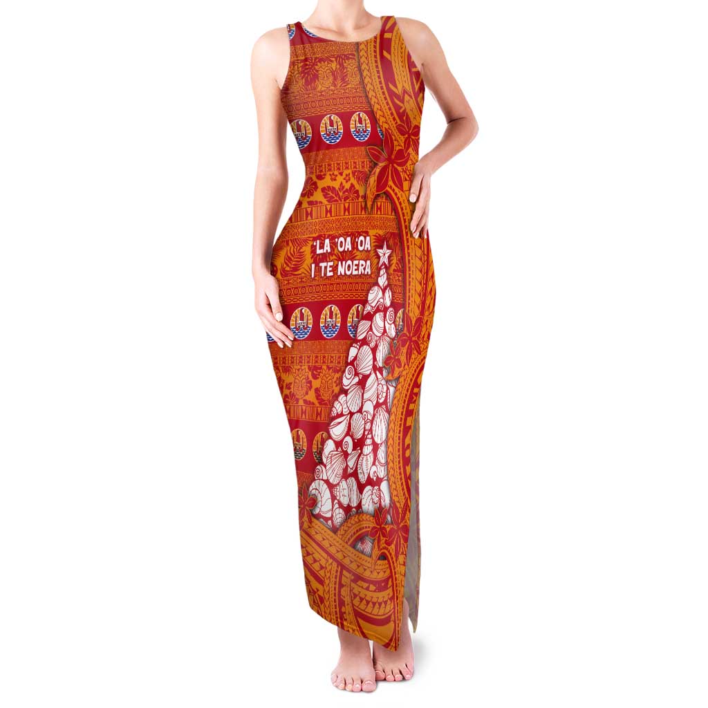 French Polynesia Christmas Tank Maxi Dress Seashell Xmas Tree Tribal Waves DT05 Women Orange - Polynesian Pride