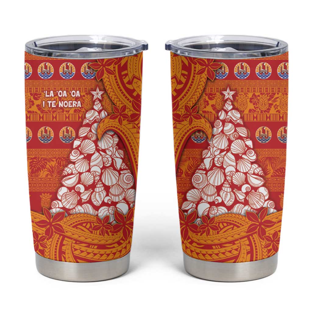 French Polynesia Christmas Tumbler Cup Seashell Xmas Tree Tribal Waves DT05 Orange - Polynesian Pride