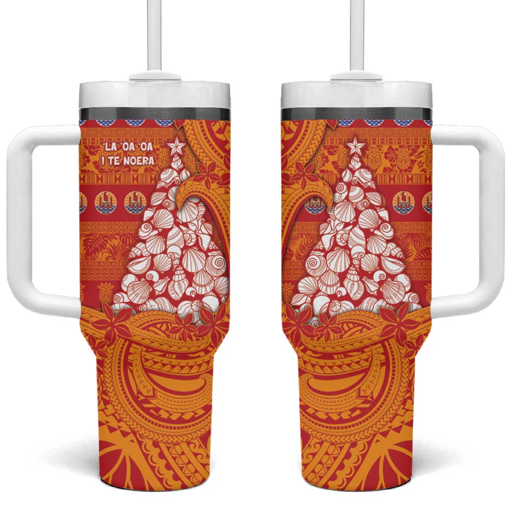French Polynesia Christmas Tumbler With Handle Seashell Xmas Tree Tribal Waves DT05 One Size: 40 oz Orange - Polynesian Pride