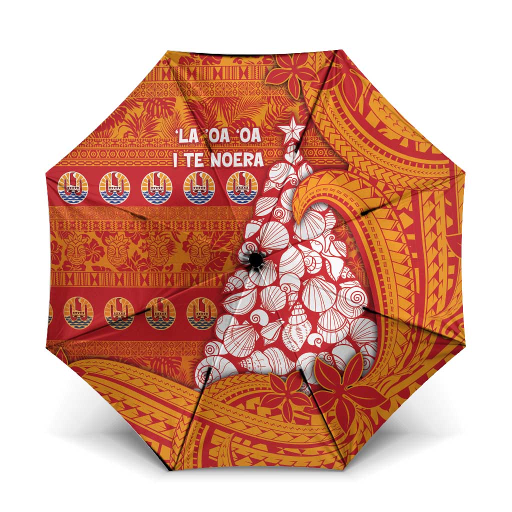 French Polynesia Christmas Umbrella Seashell Xmas Tree Tribal Waves DT05 One Size Folded 11.42 inch Opened Diameter 37.4 inch Orange - Polynesian Pride