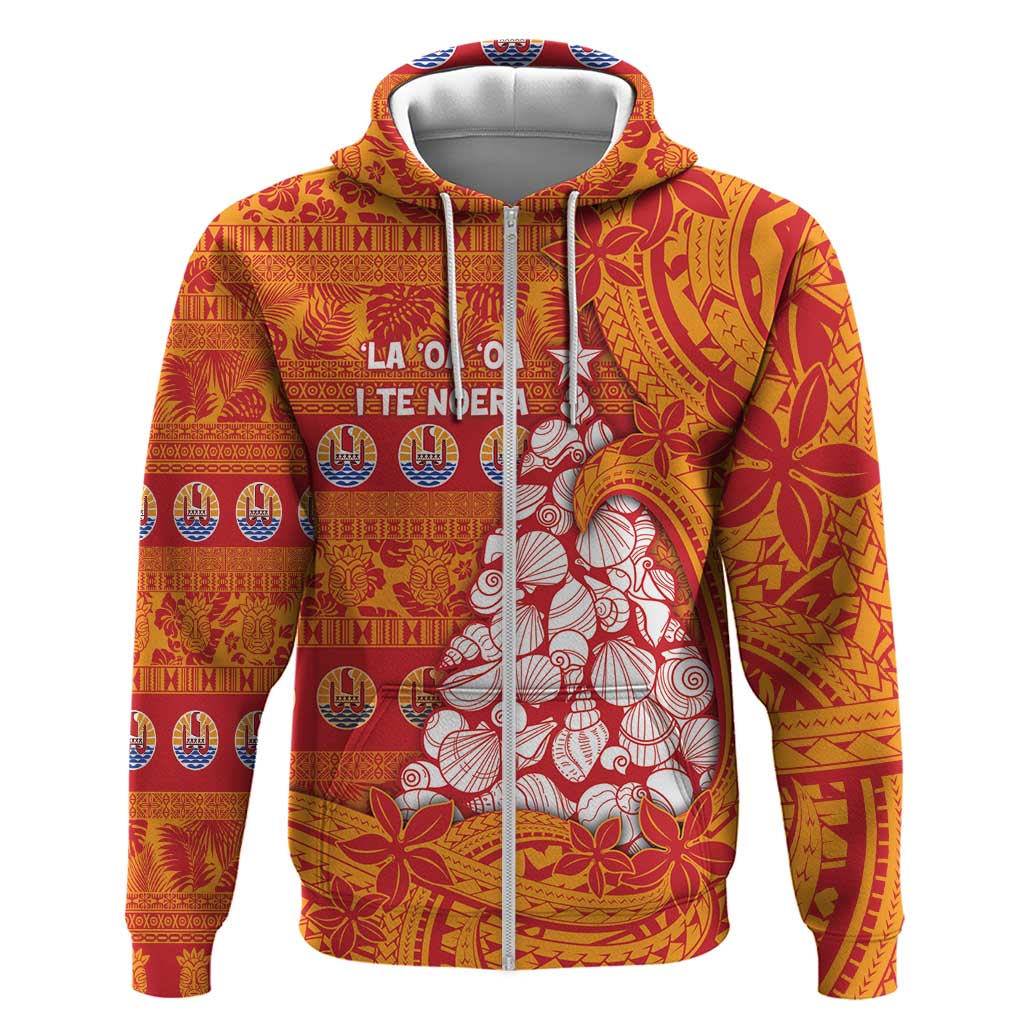 French Polynesia Christmas Zip Hoodie Seashell Xmas Tree Tribal Waves DT05 Zip Hoodie Orange - Polynesian Pride