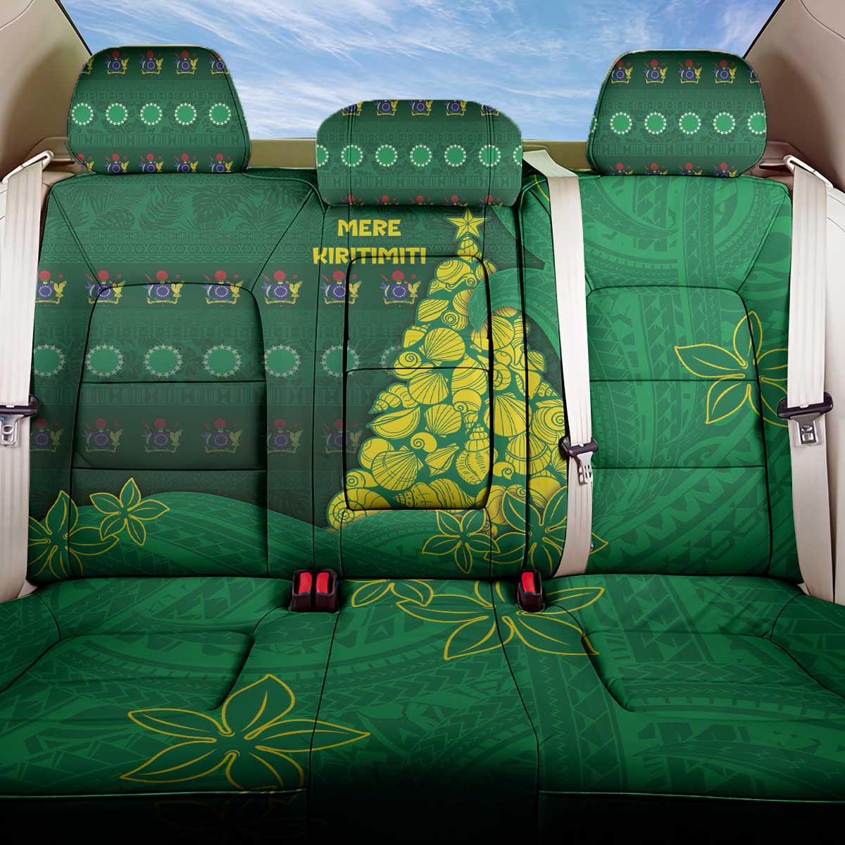 Cook Islands Christmas Back Car Seat Cover Seashell Xmas Tree Tribal Waves DT05 One Size Green - Polynesian Pride