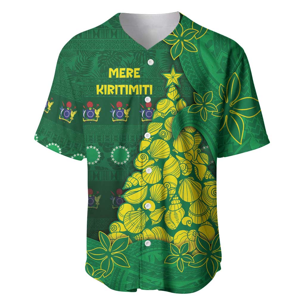 Cook Islands Christmas Baseball Jersey Seashell Xmas Tree Tribal Waves DT05 Green - Polynesian Pride