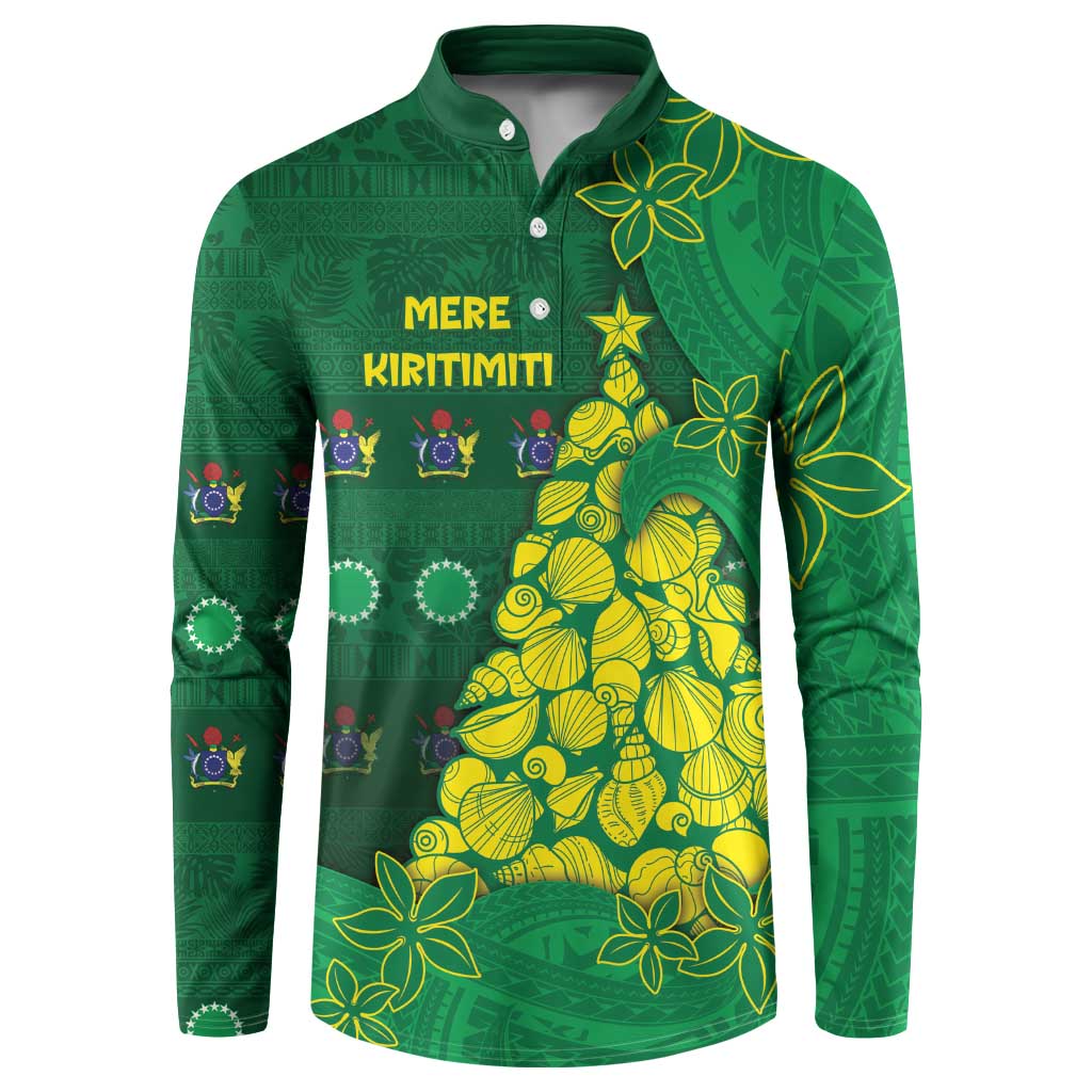 Cook Islands Christmas Button Sweatshirt Seashell Xmas Tree Tribal Waves DT05 Green - Polynesian Pride
