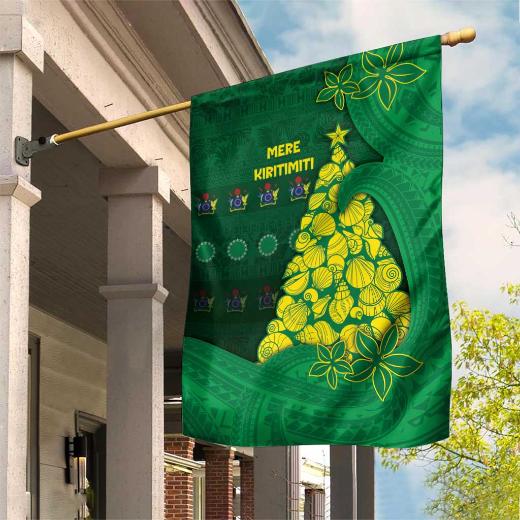 Cook Islands Christmas Garden Flag Seashell Xmas Tree Tribal Waves DT05 House Flag Green - Polynesian Pride