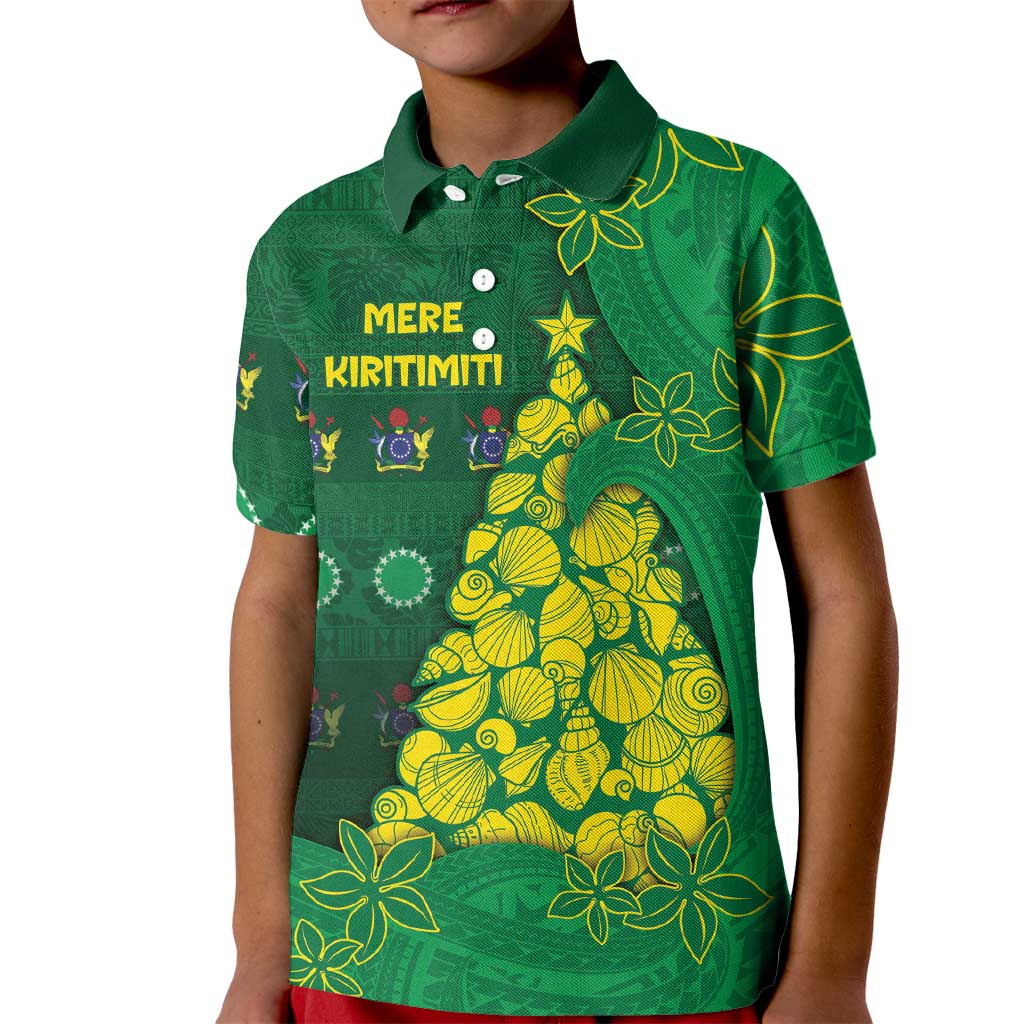 Cook Islands Christmas Kid Polo Shirt Seashell Xmas Tree Tribal Waves DT05 Kid Green - Polynesian Pride