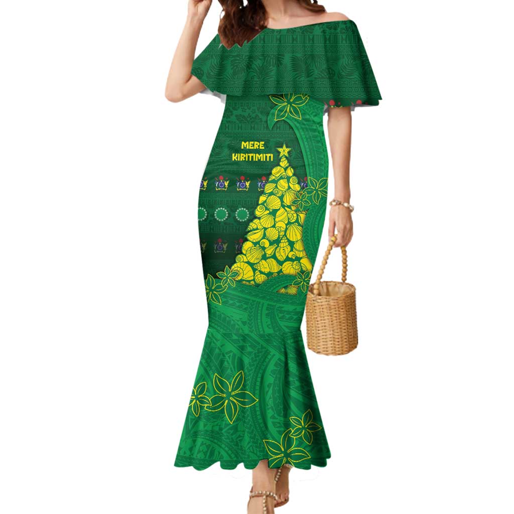 Cook Islands Christmas Mermaid Dress Seashell Xmas Tree Tribal Waves DT05 Women Green - Polynesian Pride