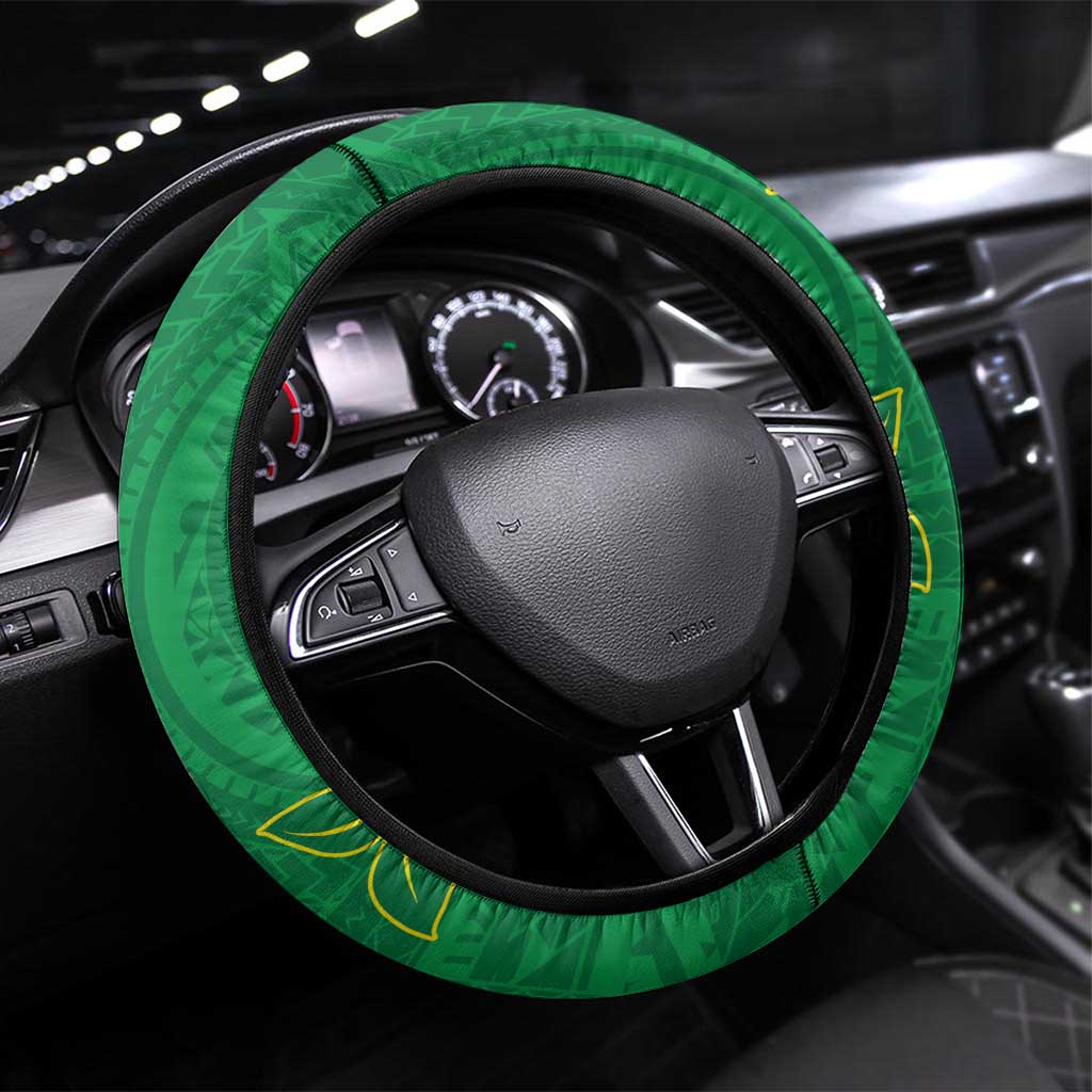 Cook Islands Christmas Steering Wheel Cover Seashell Xmas Tree Tribal Waves DT05 Universal Fit Green - Polynesian Pride