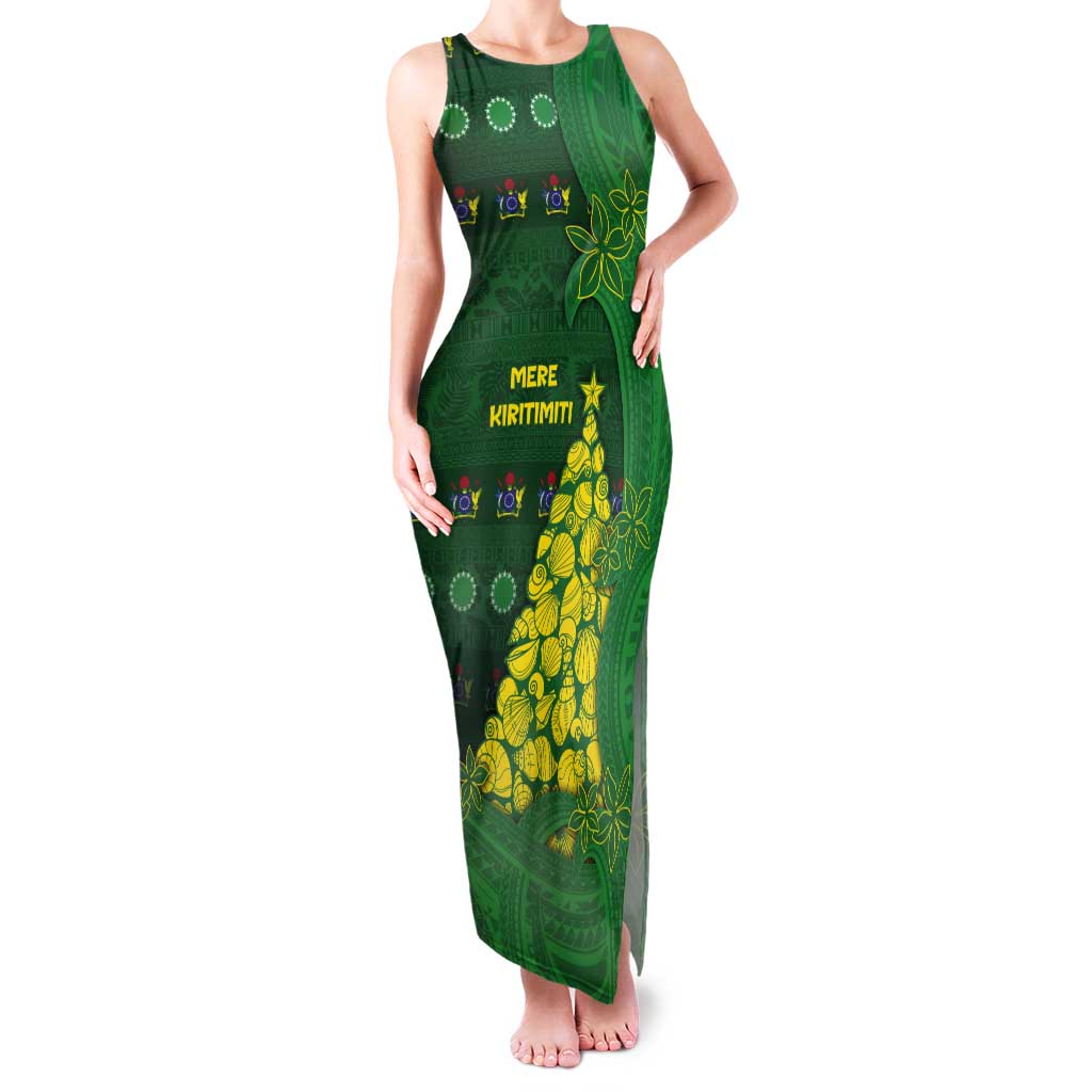 Cook Islands Christmas Tank Maxi Dress Seashell Xmas Tree Tribal Waves DT05 Women Green - Polynesian Pride