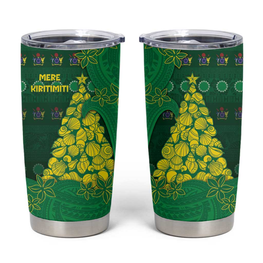 Cook Islands Christmas Tumbler Cup Seashell Xmas Tree Tribal Waves DT05 Green - Polynesian Pride