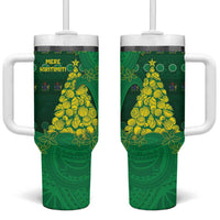 Cook Islands Christmas Tumbler With Handle Seashell Xmas Tree Tribal Waves DT05 One Size: 40 oz Green - Polynesian Pride