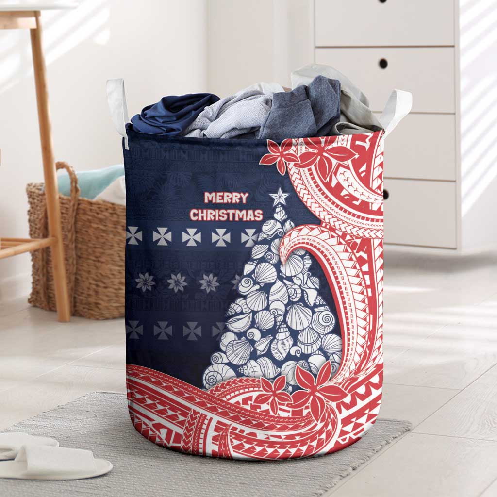 Wallis And Futuna Christmas Laundry Basket Seashell Xmas Tree Tribal Waves DT05 Navy - Polynesian Pride