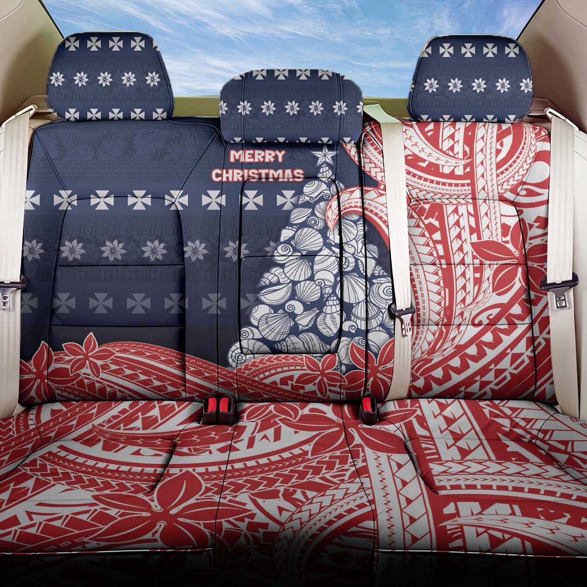 Wallis And Futuna Christmas Back Car Seat Cover Seashell Xmas Tree Tribal Waves DT05 One Size Navy - Polynesian Pride